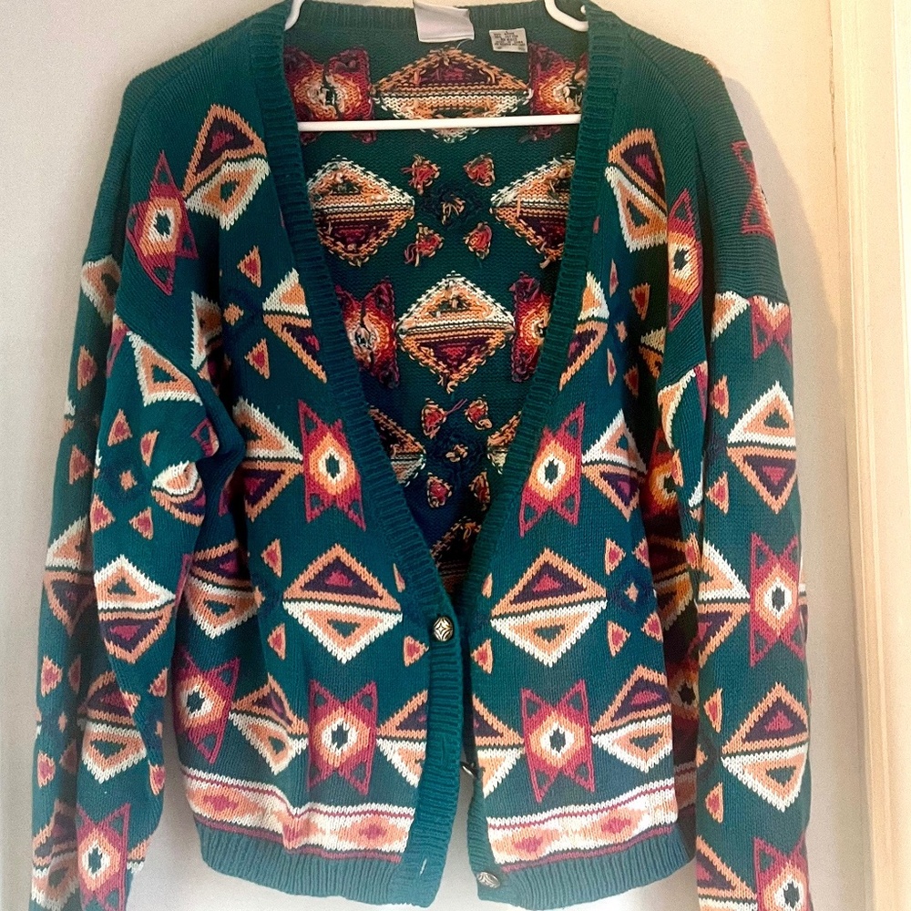 Nuovo Vintage Geometric Cardigan Sweater - Teal with Bold Pattern